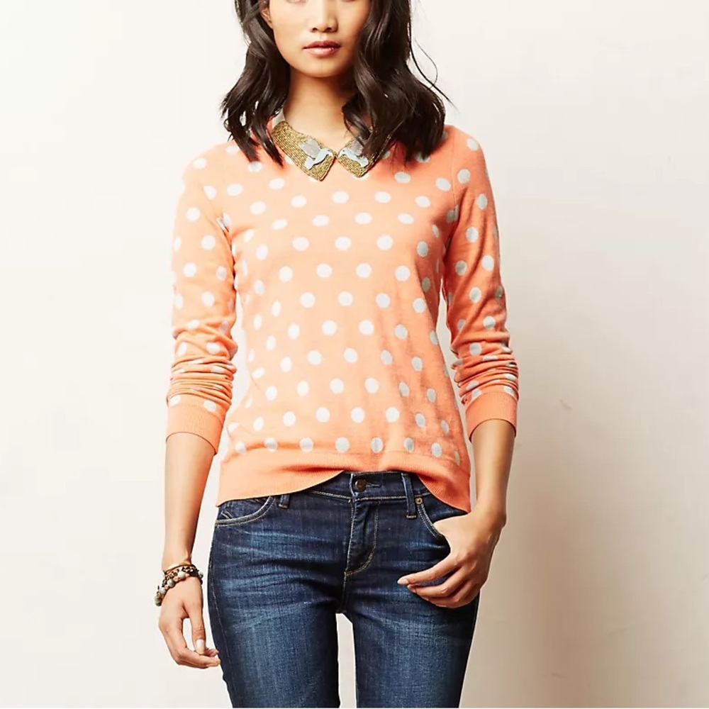 MOTH Anthropologie polka dot silk blend blue bird beaded fuzzy collar sweater